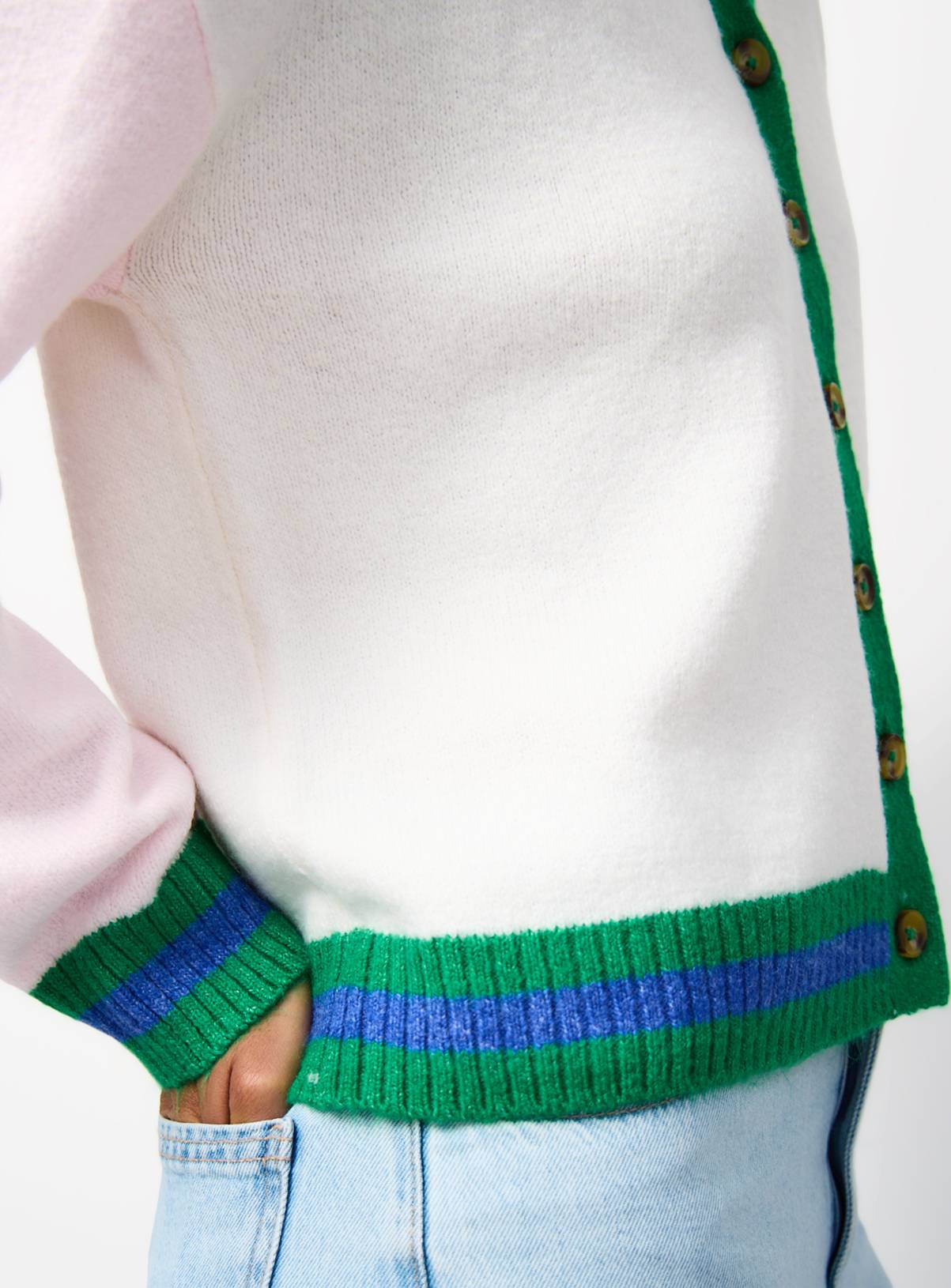 White Pink and Green Colour Block Knitted V Neck Cardigan S - Image 3